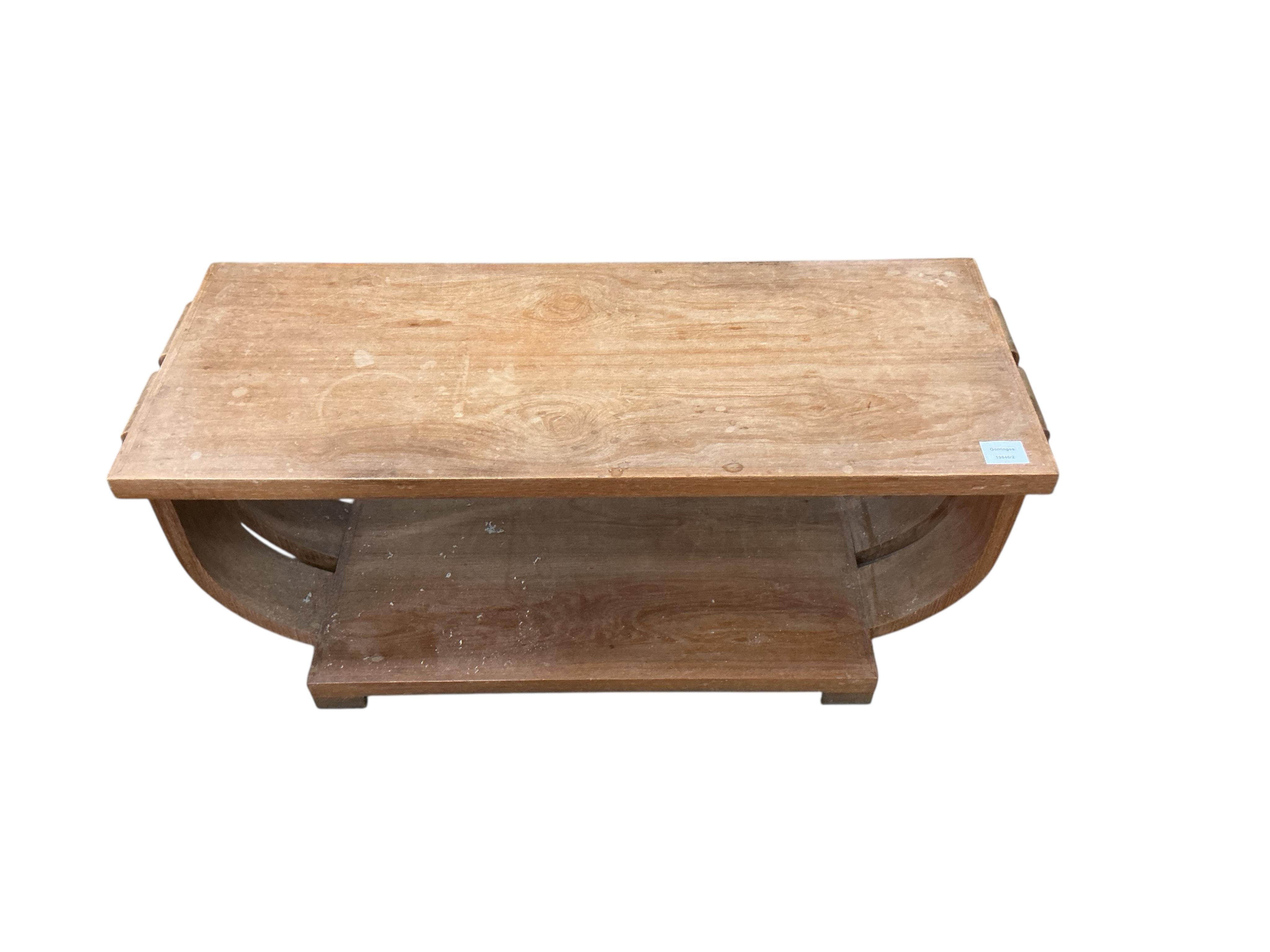 A pair of Art Deco rectangular maple occasional tables in the manner of Gilbert Rohde for Saltman-Brown, width 95cm, depth 37cm, height 41cm
